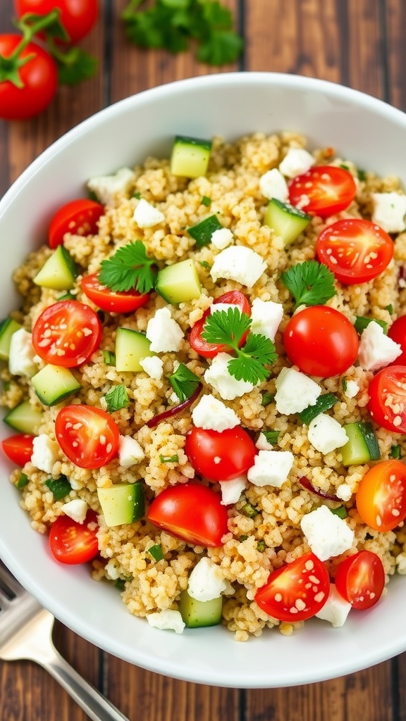 A colorful quinoa salad with cucumbers, tomatoes, feta cheese, and parsley, on a wooden table with a fork.